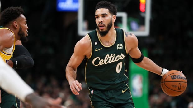 Jan 28, 2023; Boston, Massachusetts, USA; Boston Celtics forward Jayson Tatum (0) during the first half against the Los Angeles Lakers at TD Garden.